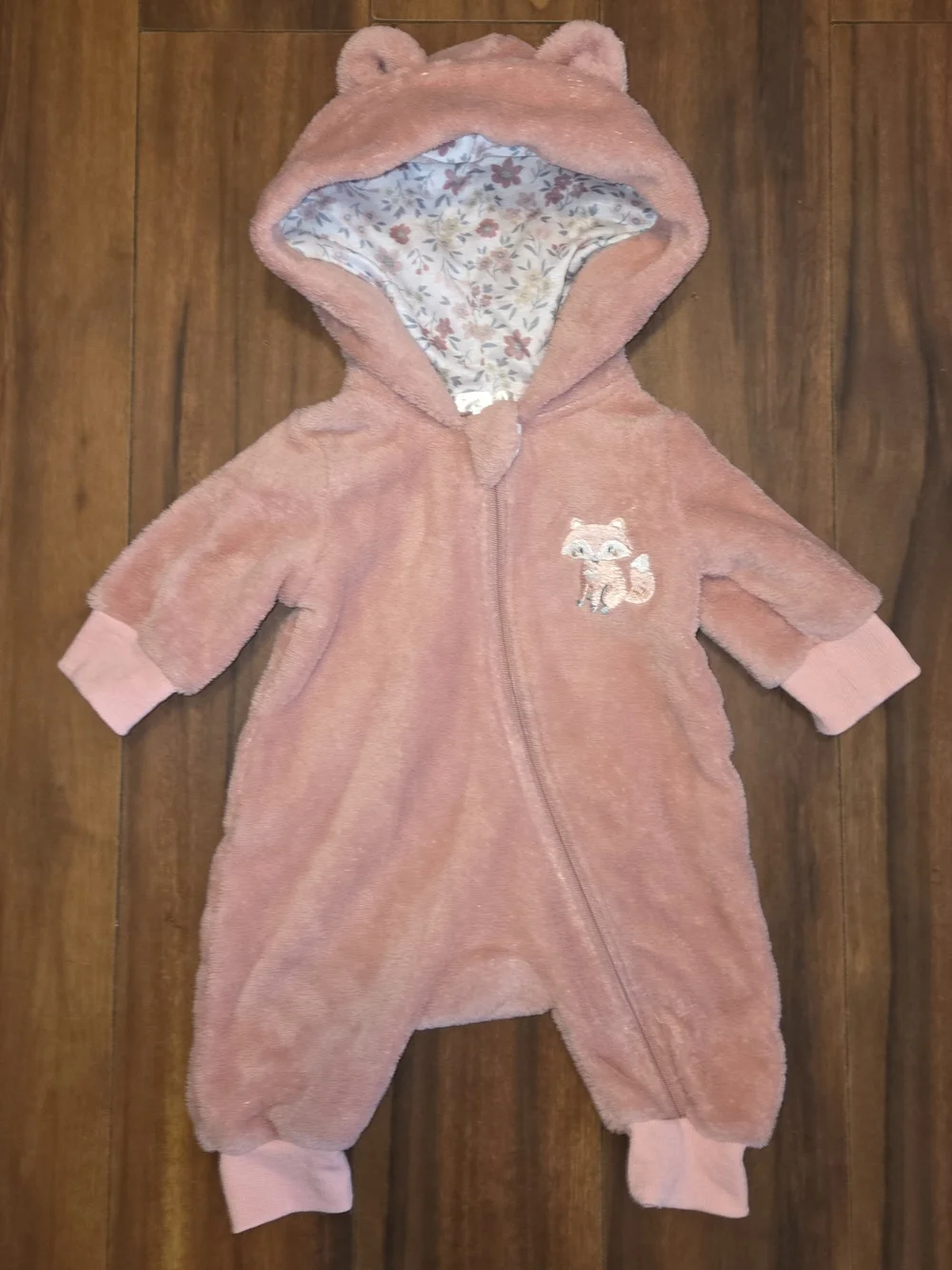 Tahari Pink Plush Hooded One-piece Zip Up Romper with Fox Embroidery & Ears